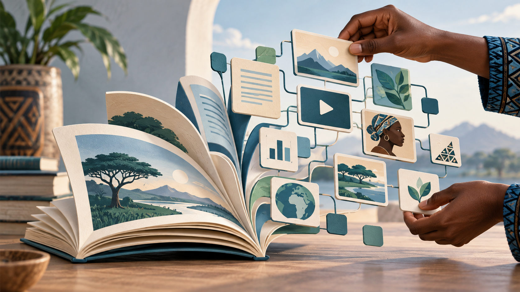 ands arrange connected learning-content cards above an open book, illustrating Chisimba’s modular approach to learning and publishing